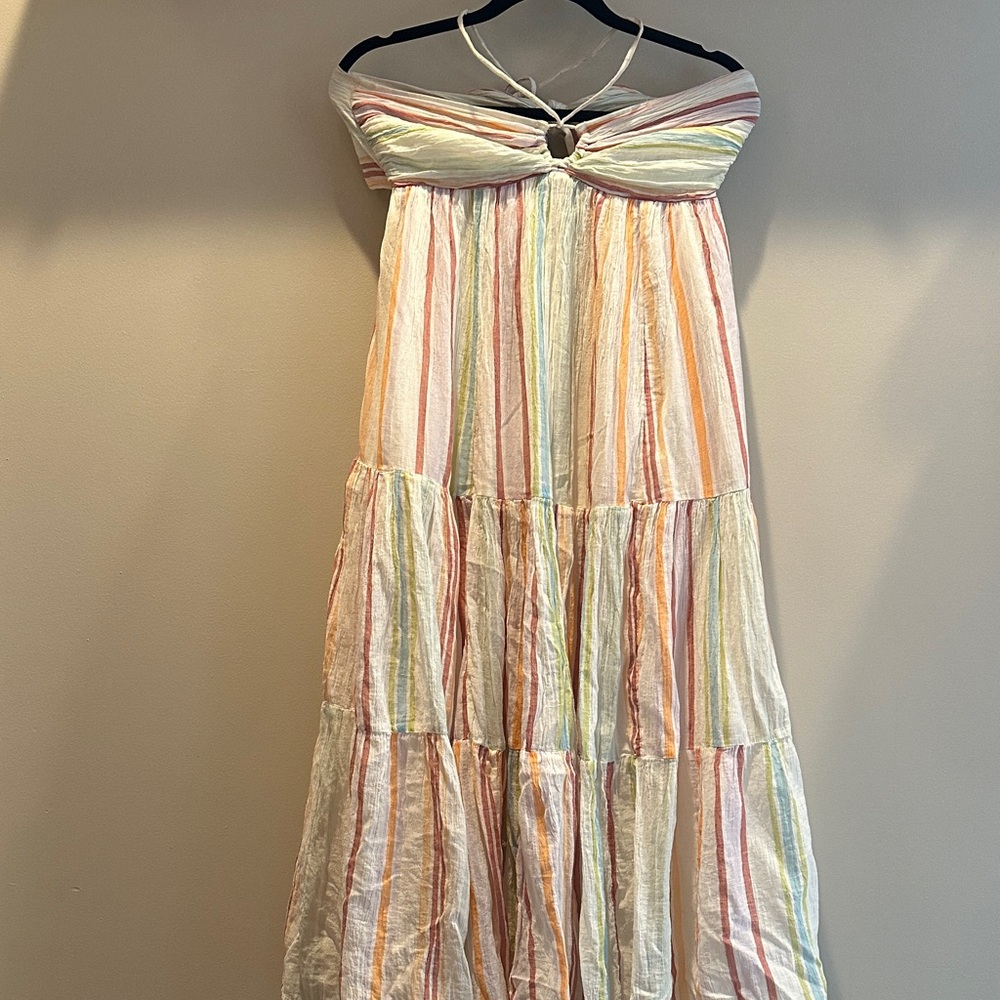 American Eagle Outfitters Strapless/Halter Maxi Dress in Pastel Rainbow Stripes